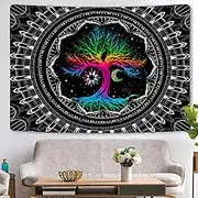 Meagtlva Tree of Life Tapestry, Trippy Mandala Tapestry, Hippie Moon and Sun Tapestry, Black Galaxy Stars Tapestry Colorful Mystic Bohemian Boho Tapestry Wall Hanging for Home (37x29inch)