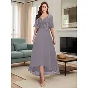 A-Line Mother of the Bride Dress Elegant Simple V Neck Asymmetrical Polyester Half Sleeve with Solid Color 2025