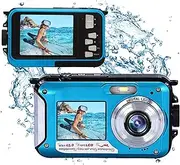 FHD 48MP Waterproof Camera 10ft Underwater Camera, 2.7K 16X Digital Zoom Video Camcorder with Double Screens Front Rear Digital Camera for Snorkelling, Holidays (Blue)