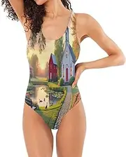 [RPLIFE] Retro Church Womans Bathing Suits, Low Back Bathing Suit Honeymoon Bathing Suits for Women, Retro Church, Small