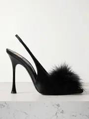 [SAINT LAURENT] SAINT LAURENT - Paradis Feather-trimmed Satin Slingback Sandals - Black - EU 38 EU 38 Black