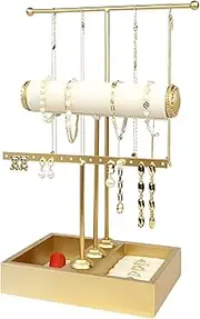 Funlove Jewelry Organizer Stand 3-in-1 Jewelry Holder for Necklaces Bracelet Earrings & Ring Jewelry Tree Jewelry Tower Metal & Wood-Gold