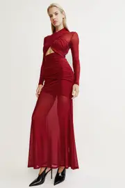 veria wrap mesh maxi dress in burgundy