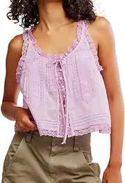 [Naileksi] Women Sleeveless Ruffled Lace Trim Chiffon Crop Top Scoop Neck Flowy Button Down Front Tie Mesh Crop Tank Top