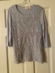 NEW CHICO’S Top Size 0 Blue Tonal Patchwork Embroidered Lacy Overlay Women's NWT