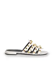 White Leather Studded Arena Flat Slides
