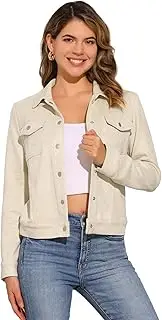 [Allegra K] Women's Turn-Down Collar Flap Pockets Snap Button Faux Suede Jacket, Beige, XL