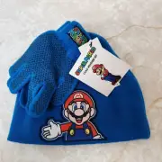 Super Mario Nintendo 2pc Youth Kids Beanie Winter Hat & Glove Set Blue Red New