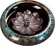 Lotus Incense Holder, 6x2in Ceramic & Copper Decorative Stick Holder with Detachable Ash Catcher for Yoga Meditation