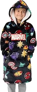 [Marvel] Boys Wearable Blanket Hoodie | Kids Hooded Sherpa Fleece Pullover in Dark Grey with Super Hero Icons All Over Print, Multicoloured, One Size