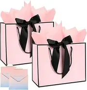 FayrVind 2 Pack 28x20x10CM Bow Handles Pink Black Gift Bags with Tissue Papers ＆ Greeting Cards for Wedding Bridesmaid Birthday Shopping Celebration Christmas Mothers Day Valentines Day