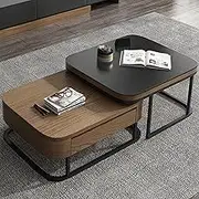 EKDJSN Brown Coffee Table, Nesting Table Set of 2 with Hollow High-Leg Design, Center Table with Dust-Proof Storage Space with Double Drawers, for Living Room Balcony