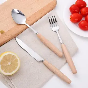 創意木質手柄不銹鋼刀叉水果叉西餐牛排刀叉勺餐具木柄湯勺筷子