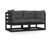 Garden 2-Seater Sofa with Cushions Black Solid Pinewood