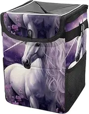 Car Trash Can with Lid and Storage Pockets Leak-Proof Organizer,Multipurpose Trash Bin for Car,Purple Galaxy Unicorn