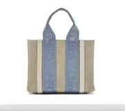 CHLOÉ Small Woody Tote Bag in Linen, Washed Blue