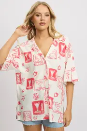 Red Abstract Relaxed Shirt Short Sleeve Linen Blend - Size 16, Women's Shirt