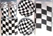 Black & White Checkered Flag Racing Birthday Party Supply Kit Set w/ Invitations