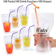 100x Hand-Held Zipper Drink Bag Clear Stand-Up Plastic Pouches Bag with Straws