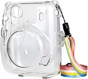 Protective Clear Case for Fujifilm Instax Mini 11, Crystal Camera Case with Adjustable Rainbow Shoulder Strap for Fujifilm Instax Mini 11