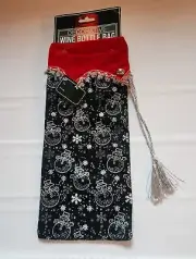 Green Decorative Wine Bottle Bag With Silver Bells Snowmen Sparkle Snowflakes