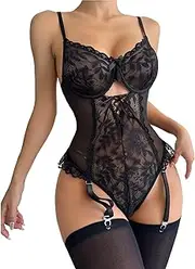 [JINZIJINYU] Sexy Lingerie for Women See Through Sexy Lingerie Elastic Mesh Lace Temptation Pajamas Fun Nightdress Set Jumpsuit