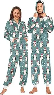 [ZZXXB] Penguin Pine Tree Snow Onesie Pajamas for Adult Women Men Long Sleeves One Piece Onesies Hooded Sleepwear S - XL