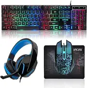Gaming LED Keyboard Mouse Headset and Mousepad Bundle, CHONCHOW Wired Rainbow LED Light Up Gaming Keyboard Mouse Headset, Value 4 in 1 Game Set for Xbox PS4 PS5 PC Laptop