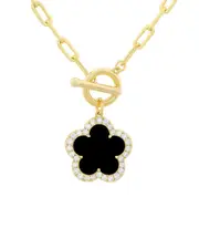 JanKuo Flower 14K Plated Onyx CZ T-Bar Necklace