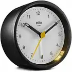 Braun Classic Round Analogue Alarm Clock, White Dial Black Case, 8cm