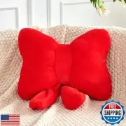 XVTRU Red Bow Pillow, Soft Bow Decorative Pillows with Faux Rabbit Fur, Cute