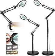 10X Magnifying Glass with Light and Stand, Krstlv LED 5 Color Modes, Stepless Dimmable Magnifying Floor Lamp, 3-in-1 Adjustable Swing Arm Lighted Magnifier Lamp with Clamp for Reading, Craft, Esthetic
