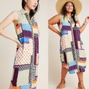 NWT Anthro Patchwork Print Mixed Media Everyway Shirt Dress US Size 10