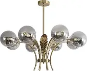 BOKT Gold Sputnik Mid Century Chandelier Modern Slop Ceiling Light Fixture Adjustable Height Kitchen Lights Hanging Smoked Gray Glass Globe Lampshade for Living Room Bedroom