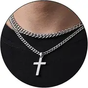 [Zocomi] Layered Stainless Steel Cross Necklace for Men Boys, Cuban Link Chain Cross Pendant, Religious Jewelry Gifts