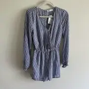 Hollister Women M Blue/White Striped L/S Faux Wrap Top Partly Lined Romper NWT