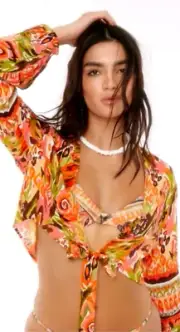 Nasty Gal Crinkle Rayon Border Print Orange Tie Front Crop LS Top V-Neck US 10