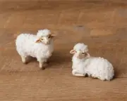 New Primitive German Antique Style SET 2 WOOL SHEEP FIGURINE Fluffy Lamb Figures