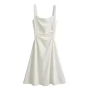 Spaghetti Strap Square-Neck Plain Ruched Midi Bodycon Dress White - S