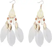 [TENDYCOCO] Leaf Earrings Tassel Trim Boho Earrings Girl Earrings Tassel Earrings Hoop Earrings for Leaf Ear Pendant Earrings for Women Retro Ear Drop White Alloy