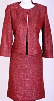 NWT ST.JOHN Women's Red Silver Sequins Metallic Shimmer Jacket Skirt Sz 8-10