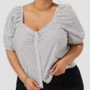 Torrid Seersucker Button Front Puff SS Top, Blue/White Stripe Size 6/6X-NWT