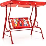 HONEY JOY 2-Seater Kids Porch Swing, Hanging Patio Swing Bench with Adjustable Tilt Canopy, Metal Stand, Safety Belts, Rabbit Pattern Outdoor Lounge Hammock Chair for Backyard Garden Balcony (Red)