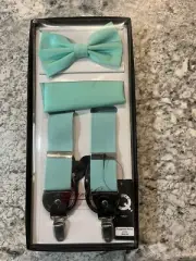 New in Box Brand Q formal Bow Tie And Suspenders Set Light Blue Italian Brand