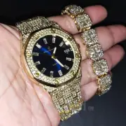 BLUE FACE WATCH GOLD SIMULATED DIAMOND HIP HOP ICED BAGUETTE STONE BRACELET SET