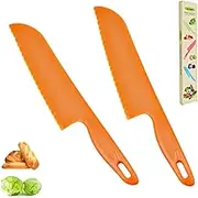 jawbush 11" Professional Lettuce Knife for Cutting Salad, Fruit, Cake, Bread or Brownies, Plastic Serrated Kitchen Knife Set, Nylon Knife for Nonstick Pans, Pizza Cutter, 2 Pack, Orange