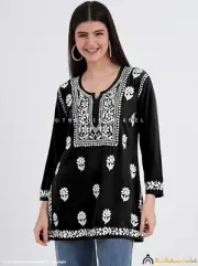 Black Rayon Chikankari Short Top | Lightweight Indian Tunic | Casual Wear