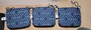 3 blue patio chair cushions with geometric pattern