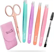 TsMADDTs 6 PCS Tweezers Set for Women, Eyebrow Tweezers with Curved Scissor for Ingrown Hair, Hair Plucking Daily Beauty Tools with Leather Travel Case