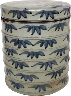 Box Bamboo Dim Sum White Blue Ceramic Handmade Hand-Crafted